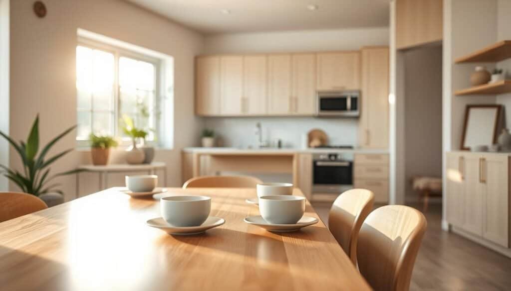 A serene kitchen and dining space designed in a neutral palette featuring soft taupes, whites, and light greys. The foreground includes a polished wooden dining table set with minimalist ceramic tableware, reflecting natural light. In the middle, a cozy kitchen area showcases sleek cabinetry with clean lines, a subtle backsplash, and modern stainless steel appliances. A large window allows soft, warm sunlight to filter in, illuminating the room. Potted greenery adds a touch of life to the ambiance. The background contains soft-focus shelves adorned with simple, stylish decor, enhancing a calm and inviting atmosphere. The scene captures a contemporary yet homely feel, evoking a sense of tranquility and refreshment. The overall composition is an inviting blend of elegance and simplicity, perfect for a peaceful culinary experience.