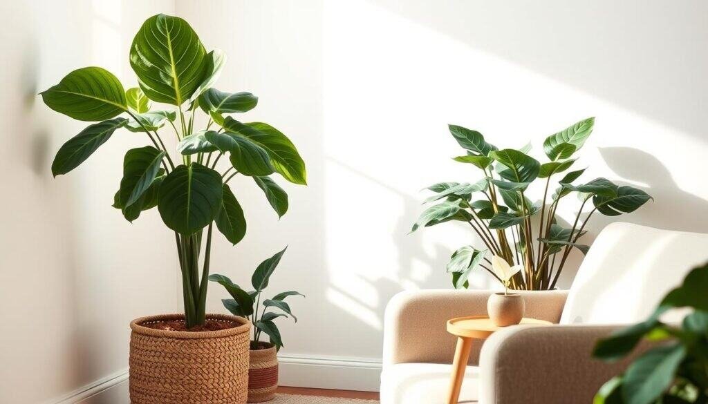 A serene living room corner bathed in soft, natural light, showcasing a variety of lush indoor plants. In the foreground, a tall, leafy fiddle leaf fig stands elegantly in a stylish woven basket. To the side, a smaller potted snake plant with striking vertical leaves adds a touch of texture. The middle ground features a cozy, inviting armchair with a neutral fabric, accompanied by a small wooden side table adorned with a decorative ceramic pot holding a vibrant peace lily. The background reveals a light-colored wall, enhancing the bright and airy atmosphere. The scene captures a calming, grounded mood, perfect for creating a tranquil oasis within a contemporary home setting. The composition utilizes a wide-angle lens to create depth, emphasizing the peacefulness of the space.