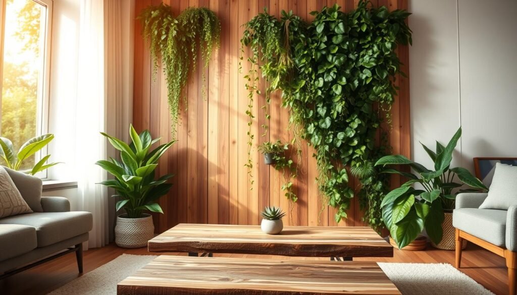 A serene living room featuring a vertical garden as the main focal point, designed with lush green plants cascading down a soft wooden wall. The foreground includes a stylish, minimalist coffee table made of reclaimed wood, adorned with a small potted succulent. In the middle, the vertical garden showcases various shades of green, complemented by delicate trailing vines that soften the wooden backdrop. The background contains warm, natural light filtering through a large window, casting gentle shadows and highlighting the textures of the wood and foliage. The atmosphere is calming and inviting, ideal for relaxation, with an emphasis on a harmonious blend of greenery and a soft wooden touch. The scene is captured at a slight angle to enhance depth, showcasing the peaceful, cozy vibe of the room.