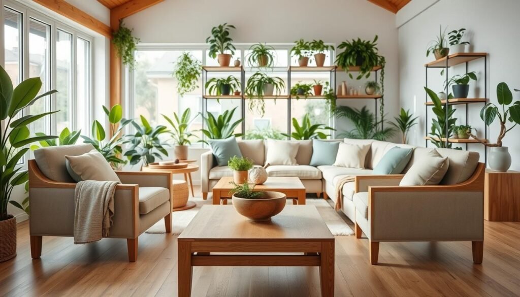 A serene living room infused with natural elements, showcasing a harmonious blend of wood and lush greenery. In the foreground, a light oak coffee table holds a small potted fern and a rustic wooden bowl. Flanking the table, comfortable beige armchairs with soft fabric are draped with cozy, neutral-toned throws. The middle ground features an inviting sectional sofa adorned with cushions in muted greens, complementing the surrounding plants. In the background, large windows allow soft, diffused natural light to flood the space, illuminating floor-to-ceiling shelves filled with a variety of indoor plants, such as snake plants and pothos. Warm wood accents and a light wooden floor enhance the calming atmosphere, evoking tranquility and comfort. The scene is captured from a slightly elevated angle, inviting the viewer to immerse themselves in this soothing retreat.