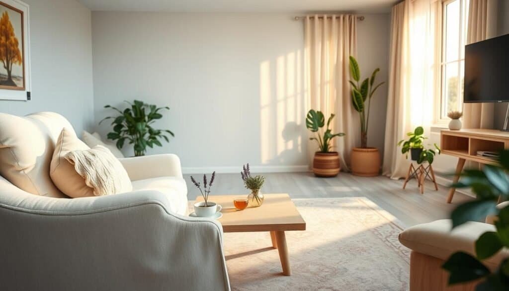 A serene living room scene bathed in soft pastel colors, featuring shades of calming blues, gentle greens, and muted yellows. In the foreground, a cozy, white oversized armchair, adorned with plush throw pillows, sits invitingly. A light wooden coffee table holds a steaming cup of herbal tea and a small vase with lavender. The middle ground features a stylish area rug with intricate, soothing patterns, enhancing the inviting atmosphere. In the background, a window with sheer curtains lets in warm, golden sunlight, illuminating the room and casting gentle shadows. A few houseplants, with lush green leaves, add a natural element. The room conveys a tranquil, cozy vibe, perfect for relaxation, captured with a soft focus, warm lighting, and a wide-angle view to emphasize spaciousness and comfort.
