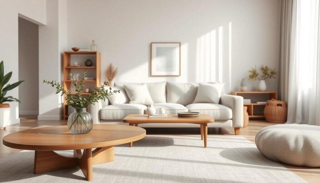 A serene living space showcasing neutral home decor, with soft, diffused lighting creating a calming ambiance. In the foreground, a stylish, modern wooden coffee table adorned with a minimalistic vase and fresh greenery. The middle ground features a plush, light-colored sofa nestled against a softly textured wall, inviting relaxation. Natural light filters through sheer curtains, casting gentle shadows and highlighting the warm wood tones throughout the room. In the background, shelves display tasteful decor items and a subtle artwork piece, enhancing the tranquility of the setting. The mood is peaceful and refreshing, evoking a sense of harmony and organization, captured at eye level with a wide-angle lens for a spacious feel.