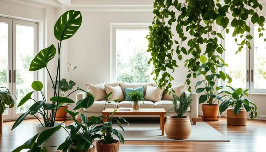 A serene living space that feels stagnant, showcasing an elegant blend of indoor plants and minimalistic décor to evoke a sense of renewal. In the foreground, a vibrant collection of potted greenery including a tall fiddle leaf fig and cascading pothos create visual interest. The middle ground features a cozy seating area with a soft, neutral-colored couch adorned with nature-inspired cushions. A wooden coffee table sits invitingly in front. The background reveals large windows bathed in warm, natural light, allowing a glimpse of lush outdoor greenery. The atmosphere is calm yet refreshing, suggesting a transformation from stagnation to vibrancy. Use a soft focus lens for a gentle depth, highlighting the contrast between the living elements and the stagnant space.