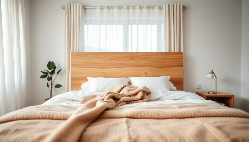 A serene, minimalist bedroom featuring a beautifully crafted wooden headboard as the focal point. In the foreground, the headboard showcases natural wood grain with subtle texture, elegantly rising against soft, neutral-colored bedding. The middle of the scene includes a lightly made bed, adorned with fluffy pillows and a cozy throw blanket that complements the warm tones of the wood. In the background, gentle natural light filters through sheer curtains, creating a calming atmosphere. The room has minimalist decor, with a potted plant in one corner and a simple bedside table holding a small lamp. The composition is taken from a slightly angled perspective to emphasize the depth and warmth of the space, conveying a sense of tranquility and comfort.