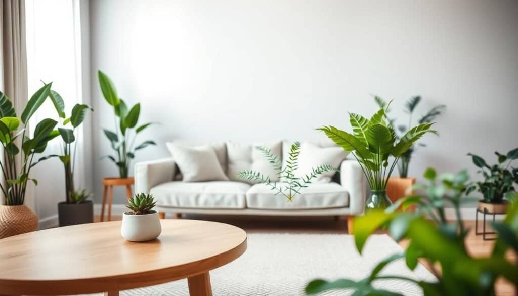 A serene minimalist living room featuring an elegant arrangement of various indoor plants. In the foreground, a sleek, wooden coffee table holds a small potted succulent and a modern ceramic vase with a leafy fern. The middle ground showcases a cozy linen sofa adorned with neutral-colored cushions, paired with a light, woven rug. Against the backdrop, a large window lets in soft, diffused sunlight, highlighting the rich green hues of the plants. The walls are a calming, subtle gray, enhancing the tranquility of the space. The atmosphere is peaceful and inviting, conveying a sense of natural freshness and simplicity. Use a soft focus lens with warm lighting to create a cozy, welcoming ambiance. No people present; focus solely on the harmonious plant arrangements and living space.