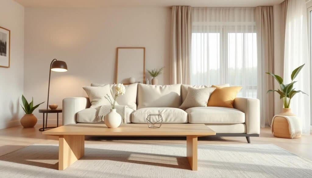 A serene modern living room featuring a neutral color palette of soft beige, warm taupe, and muted gray tones. In the foreground, a sleek, minimalist coffee table crafted from light wood, adorned with a small ceramic vase holding a single white flower. In the middle ground, a plush, inviting sofa layered with textured, neutral-toned cushions and a cozy throw blanket. Soft, ambient lighting cascades from a contemporary floor lamp, creating warm pockets of light. The background showcases large windows with sheer linen curtains that allow gentle natural light to filter through, emphasizing the tranquil atmosphere. Add subtle decorative elements like a few indoor plants and simple art pieces on the walls, all contributing to a refreshed and calm aesthetic.