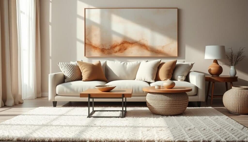A serene neutral room interior showcasing an elegant mix of textures. In the foreground, a plush cream-colored area rug features a subtle pattern, adding warmth underfoot. The middle ground displays a soft beige sectional sofa adorned with a mix of textured throw pillows in varying shades of taupe and ivory. Behind the sofa, a large piece of abstract wall art captures an organic, natural palette, enhancing the calming atmosphere. Natural light streams through sheer linen curtains, casting gentle shadows across the space. Decorative elements like a wooden coffee table with a polished finish and a woven basket introduce a sense of depth. The overall ambiance is tranquil and inviting, perfect for illustrating modern neutral home decor ideas focused on textural play and dimension.