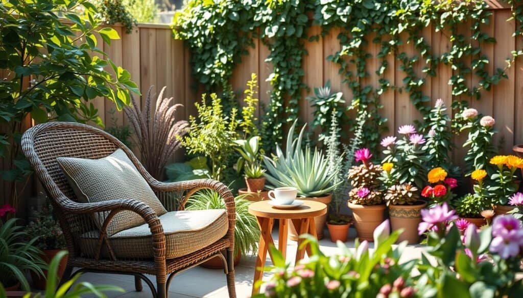 A serene outdoor corner featuring a well-maintained patio surrounded by lush greenery and soft, colorful flowers. In the foreground, a cozy wicker chair with a woven cushion sits near a small wooden side table with a steaming cup of tea. The middle ground showcases a vibrant mix of potted plants, including ferns, succulents, and blooming perennials, creating a natural tapestry. In the background, a wooden privacy fence covered in ivy provides a sense of enclosure and tranquility. The scene is bathed in bright natural light, with soft sunlight filtering through the leaves, casting gentle shadows. The atmosphere is peaceful and inviting, evoking a sense of calm and relaxation, perfect for enjoying a quiet moment outdoors. A warm color palette enhances the serene ambiance.