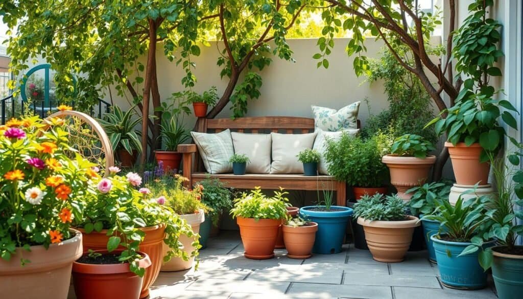 A serene outdoor corner featuring an array of creatively arranged container gardens. In the foreground, several colorful pots filled with lush greenery, including vibrant flowers and trailing vines, create a welcoming atmosphere. The middle ground showcases a rustic wooden bench adorned with soft cushions, surrounded by smaller planters and herb containers, emphasizing a cozy, inviting vibe. In the background, a gentle wash of soft sunlight filters through leafy branches, highlighting the peacefulness of the setting. The scene conveys tranquility and fresh air, perfect for relaxation. Use a wide-angle lens to capture the entire space in bright, natural light, enhancing the colors and textures of the plants. The overall mood is refreshing and harmonious, ideal for inspiring creativity in limited gardening spaces.