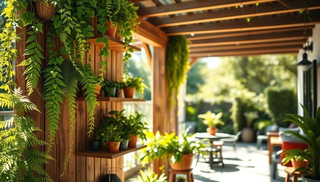 A serene outdoor corner featuring an array of lush hanging plants, elegantly cascading from handcrafted wooden shelves. In the foreground, vibrant green ferns and trailing ivy create a lively contrast against the natural wood. The middle ground showcases a vertical garden, an assortment of potted herbs nestled together, all bathed in soft, warm sunlight filtering through nearby trees. In the background, a softly blurred effect reveals a spacious, inviting patio area, adorned with rustic furniture that complements the organic aesthetic. The scene is radiantly illuminated with bright, natural light, enhancing the colors and textures of the greenery, evoking a tranquil and refreshing atmosphere, perfect for relaxation. The composition captures a harmonious blend of nature and design, inviting viewers into a peaceful outdoor retreat.