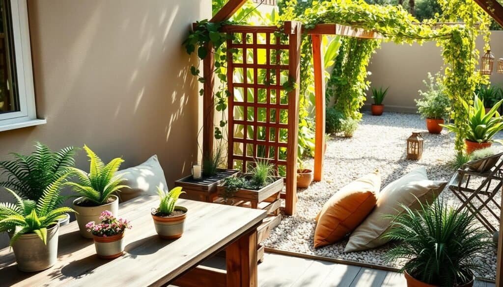 A serene outdoor corner transformed into a budget-friendly retreat, featuring lush greenery like potted ferns and small flowering plants in various containers, set on a rustic wooden table. In the foreground, a cozy seating area with a simple, weathered bench adorned with soft cushions in earthy tones invites relaxation. The middle ground showcases a small, DIY wooden trellis covered with climbing vines, filtering soft sunlight through the leaves, creating dappled shadows. In the background, a gentle, sunlit garden path lined with pebbles leads deeper into the space, accented by inexpensive décor items like handmade lanterns. The overall atmosphere is warm, inviting, and tranquil, bathed in bright natural light, captured from a slightly elevated angle to emphasize the cozy arrangement.