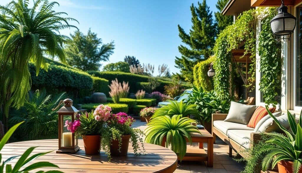 A serene outdoor living area filled with vibrant greenery. In the foreground, a wooden patio table adorned with potted plants, colorful flowers, and a subtle garden lantern, gently lit by soft afternoon sunlight. The middle ground features a cozy seating arrangement with comfortable cushions, surrounded by lush ferns and climbing vines draping elegantly nearby. In the background, a beautifully landscaped garden with a variety of shrubs, ornamental grasses, and trees swaying slightly in the breeze under a clear blue sky. The atmosphere is inviting and tranquil, evoking a sense of relaxation and connection to nature. Capture the scene from a slightly elevated angle to emphasize the layering of plants and enhance the depth of the outdoor space. Ideal for showcasing peaceful outdoor living ideas, with realistic home décor aesthetics.
