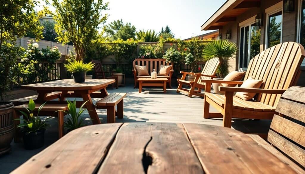 A serene outdoor patio showcasing a variety of wooden seating options, including a rustic, hand-crafted picnic table surrounded by simple yet elegant benches, a stylish wooden rocking chair, and a compact two-seater. The foreground features the detailed texture of the weathered wood, with vibrant green potted plants adding a touch of nature. In the middle ground, a beautifully arranged space includes soft cushions in earthy tones atop the seating, inviting relaxation. The background reveals a lush garden with flowering plants and a clear blue sky, creating a tranquil atmosphere. Soft, warm sunlight filters through, casting gentle shadows, enhancing the cozy and inviting mood of the scene. The perspective is slightly elevated, capturing the full essence of the outdoor environment while keeping the focus on the wooden furniture.