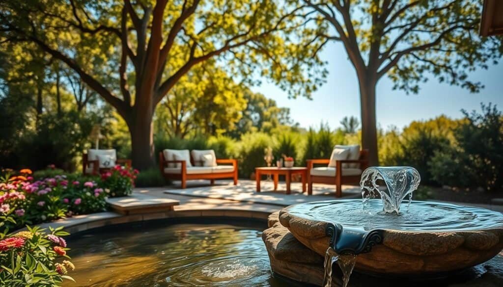A serene outdoor retreat featuring a tranquil water feature, set in a lush garden. In the foreground, there is a gently bubbling stone fountain surrounded by colorful flowers and green foliage, creating a soothing sound. The middle ground displays a cozy seating area with elegant wooden furniture, inviting relaxation, accentuated by soft, airy cushions. In the background, tall trees provide dappled sunlight filtering through leaves, enhancing the peaceful atmosphere. The scene is bathed in warm, soft sunlight, with a clear blue sky overhead, creating an inviting and calming ambiance. The angle captures the enchantment of the retreat, showcasing the harmonious blend of nature and human design, evoking a sense of tranquility and comfort.