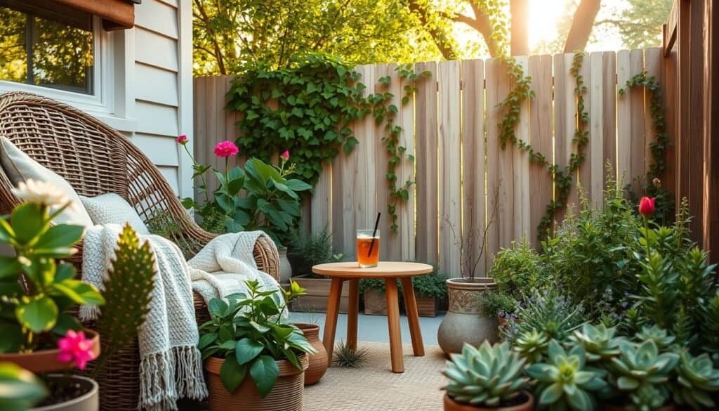 A serene outdoor sanctuary featuring a cozy corner adorned with lush greenery and soft, inviting details. In the foreground, showcase a comfortable wicker chair draped with a light, textured throw, surrounded by potted plants with vibrant leaves and colorful blooms. The middle ground reveals a small wooden table with a refreshing beverage, nestled among an array of succulents and herbs, adding elements of tranquility. In the background, incorporate a subtle wooden fence partially covered by climbing ivy, illuminated by soft, golden sunlight filtering through the trees. Capture this scene from a low angle to emphasize the inviting setting, creating an atmosphere of peace and relaxation. The overall mood is fresh, bright, and inviting, perfect for a personal retreat.