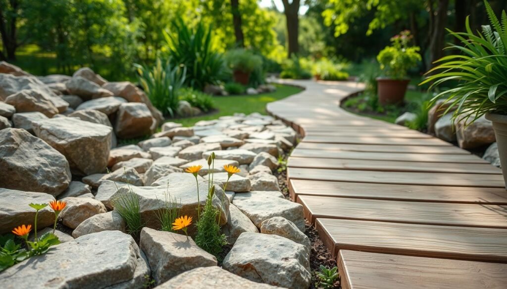 A serene outdoor scene featuring a DIY rock patio adorned with various naturally shaped stones, rich in earthy tones, seamlessly blending with a rustic wooden walkway that meanders invitingly through the green landscape. In the foreground, vibrant wildflowers peek out from between the stones, while the wooden boards showcase natural grain patterns, enhancing their organic feel. The middle ground highlights the structural balance of the patio and walkway, framed by lush greenery, perhaps a few shrubs, and carefully placed potted plants. In the background, soft sunlight filters through the leaves of nearby trees, casting gentle shadows and creating a warm, tranquil atmosphere. The angle captures the inviting simplicity of the space, ideal for relaxation and renewal.