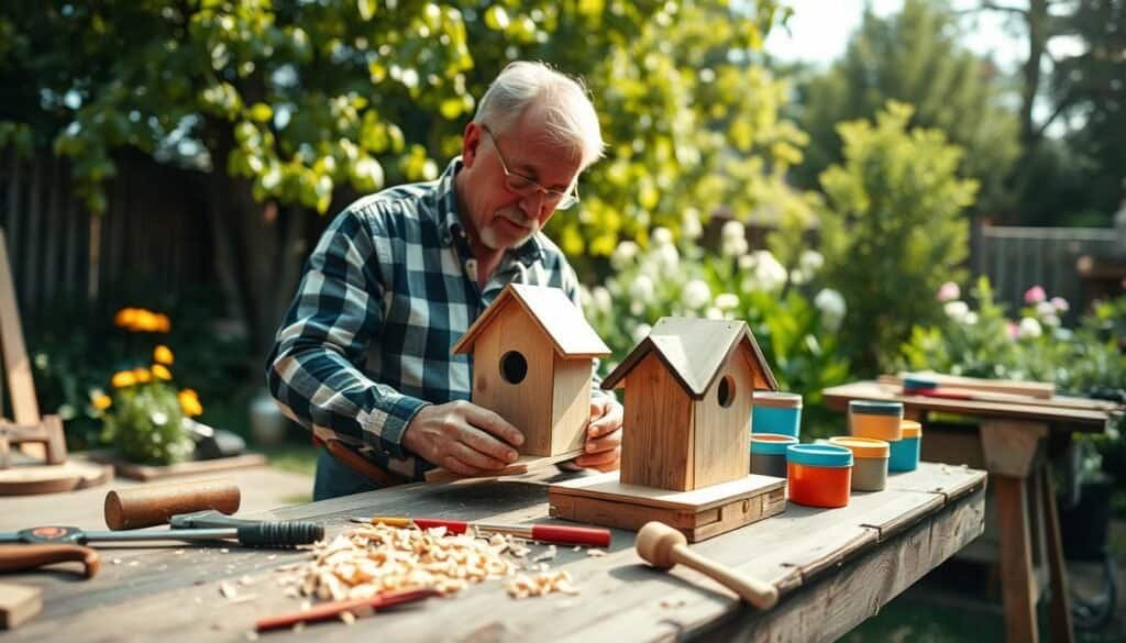 A serene outdoor scene showcasing a person engaged in a quick wood project, set in a sun-drenched backyard. In the foreground, a mid-aged individual wearing a modest plaid shirt and durable jeans is focused on crafting a small wooden birdhouse, surrounded by neatly arranged tools like a saw, hammer, and paintbrush. The middle layer features a rustic workbench adorned with wood shavings and colorful paint pots, while the background reveals a lush garden with blooming flowers and green trees. Soft sunlight filters through the leaves, creating a warm, inviting atmosphere. The composition captures a sense of tranquility and creativity, highlighting the joy of woodworking in nature. The image features a shallow depth of field, accentuating the craftsman's hands at work.