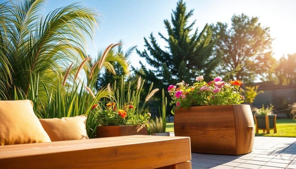A serene outdoor setting featuring a small wooden accent piece as the focal point. In the foreground, a handcrafted wooden bench with a smooth finish, adorned with soft cushions in earthy tones, invites relaxation. In the middle ground, a rustic wooden planter filled with vibrant flowers adds bursts of color. The background showcases a lush garden with tall greenery and softly swaying trees, under a clear blue sky. Warm, golden sunlight filters through the leaves, casting gentle shadows on the ground. The atmosphere conveys tranquility and a connection to nature, perfect for enjoying fresh air. The scene is composed from a slight angle, capturing depth while emphasizing the natural beauty of the wooden decor.