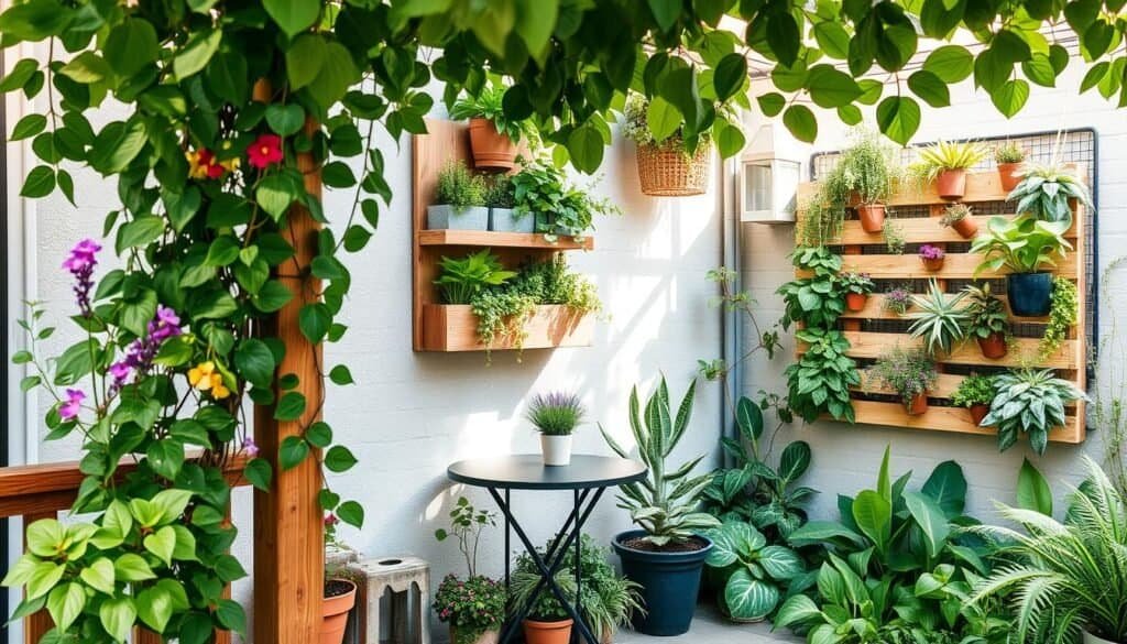 A serene outdoor setting featuring a variety of vertical gardening ideas designed for small spaces. In the foreground, showcase lush green plants cascading down from a wooden trellis with vibrant flowers peeking through. The middle ground displays a wall-mounted planter filled with herbs and succulents, while a stylish vertical pallet garden adds texture and color. In the background, a cozy seating area with a small bistro table surrounded by greenery invites relaxation. Soft sunlight filters through leaves, casting gentle shadows and creating an airy, well-lit atmosphere. The composition is balanced and harmonious, evoking a sense of calm and tranquility, perfect for enhancing outdoor spaces. The image is focused with a slight depth of field, highlighting the vertical elements.