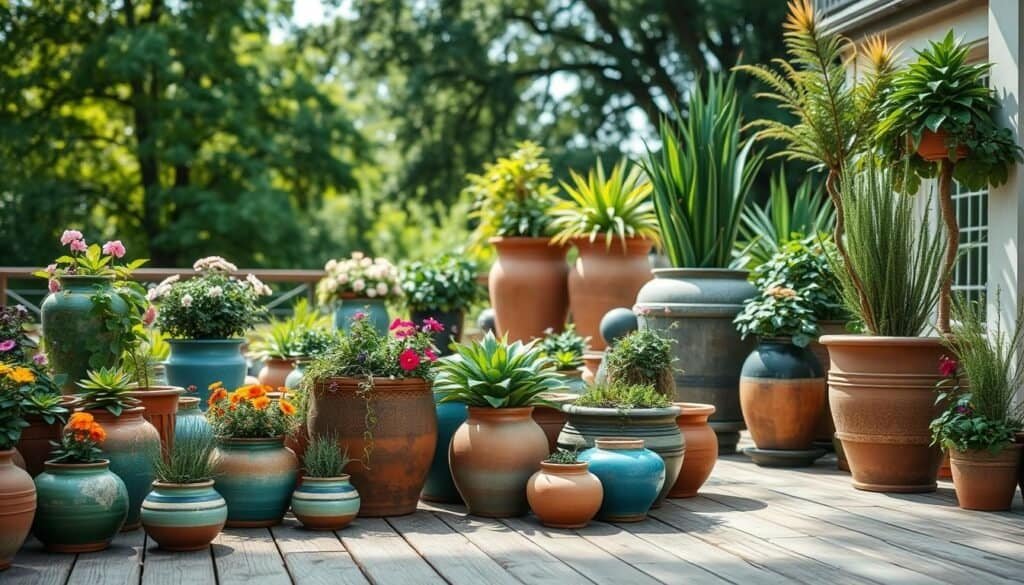 A serene outdoor setting featuring an array of beautifully designed pots and planters, artfully arranged on a rustic wooden patio. In the foreground, showcase a variety of colorful ceramic pots in various shapes filled with lush greenery, vibrant flowers, and trailing vines. The middle ground should include larger, elegant planters made from natural materials like terracotta and wood, displaying tall plants that create a sense of height and depth. In the background, let sunlight filter through lush trees, casting dappled shadows on the patio. Capture this scene with a soft focus lens to convey a warm, inviting atmosphere, suggesting a peaceful retreat. The overall mood should inspire creativity and relaxation, emphasizing how greenery can transform outdoor spaces.