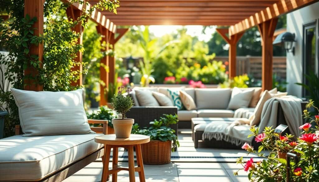 A serene outdoor setting featuring comfortable seating arrangements that invite relaxation. In the foreground, a plush, weather-resistant lounge chair with soft cushioning and a light, neutral fabric sits next to a small wooden side table adorned with a fragrant potted plant. The middle ground showcases a cozy sofa, draped with colorful, textured pillows and a light throw blanket, surrounded by lush greenery and vibrant flowers. In the background, a softly lit patio area is framed by a wooden pergola, allowing gentle sunlight to filter through. The atmosphere conveys calmness and tranquility, with bright, natural light casting soft shadows, enhancing the warm, welcoming vibe of the space. The composition should evoke feelings of comfort and peaceful outdoor living.