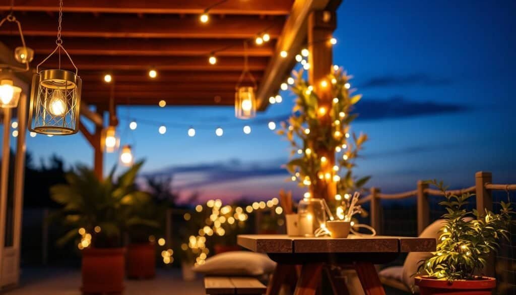 A serene outdoor setting in the evening, showcasing an inviting patio adorned with soft ambient lighting. In the foreground, delicate lanterns hang from wooden beams, casting gentle glows on a rustic wooden table set with cozy cushions. The middle ground features potted plants with vibrant foliage, their leaves subtly illuminated by warm fairy lights intertwined around them. In the background, a softly blurred outline of a twilight sky fades into hues of deep blue and purple, hinting at the stars beginning to twinkle. The atmosphere is tranquil and calming, evoking a sense of peace and relaxation. Use a warm color palette to enhance the soothing mood, with the lighting resembling the soft touch of dusk. The scene should feel airy and spacious, captured with a wide-angle lens to emphasize depth and comfort.