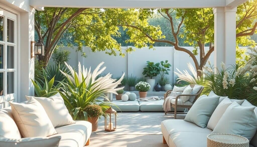A serene outdoor space featuring a collection of soothing color palettes. In the foreground, a beautifully arranged seating area with soft, cozy cushions in pale blues, muted greens, and gentle creams, inviting relaxation. The middle section showcases lush, gracefully swaying plants, interspersed with delicate outdoor decor elements like lanterns and subtly patterned textiles. In the background, a tranquil garden setting bathed in soft, warm sunlight filters through leafy branches, creating dapples of light and shadow. Capture this scene with a wide-angle lens to emphasize the expansive feel of the space, enhancing the calming atmosphere. The overall mood is peaceful and refreshing, embodying a perfect outdoor oasis designed for unwinding and rejuvenation. No text or overlays are present, focusing solely on the visual harmony of colors and nature.