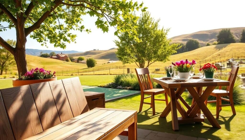 A serene outdoor space featuring functional wooden accents that enhance the ambiance. In the foreground, a beautifully crafted wooden bench with intricate grain patterns sits under the shade of a lush tree. To the side, a rustic wooden planter overflowing with vibrant flowers adds a pop of color. In the middle ground, a stylish wooden table set for a small gathering, with sunlight casting soft shadows on the surface, evokes a welcoming atmosphere. The background reveals a neatly landscaped garden with gentle rolling hills and a bright blue sky, suggesting a perfect day to relax outside. The scene is bathed in warm, natural sunlight, creating an inviting and tranquil mood, ideal for outdoor living.