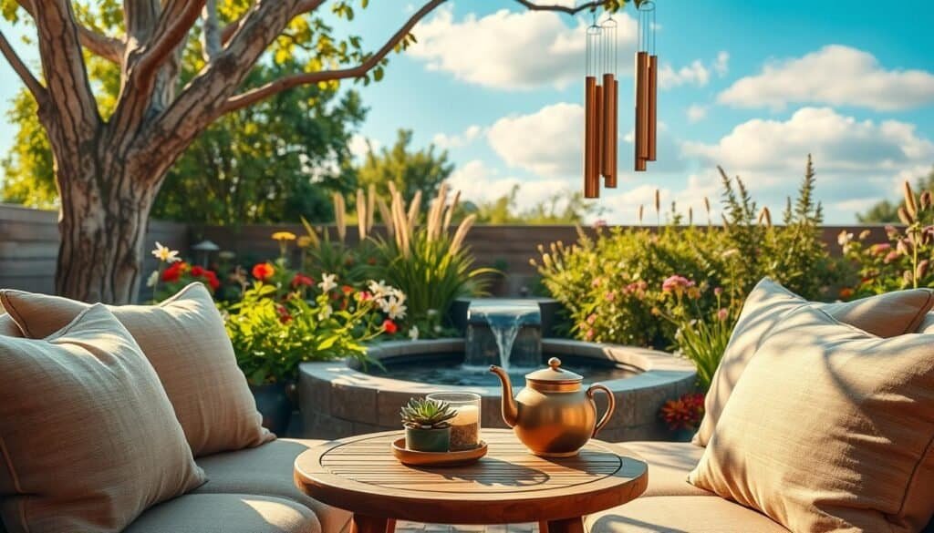 A serene outdoor space featuring mindful accessories that promote calmness. In the foreground, an inviting seating area with soft, textured cushions in muted earth tones. A small wooden coffee table holds a fragrant candle, a potted succulent, and a steaming teapot. In the middle, a gently flowing water feature surrounded by vibrant greenery and wildflowers. Elegant wind chimes dangle from a nearby tree, softly clinking in the breeze. The background includes a clear blue sky with soft, fluffy clouds, filtering warm, golden sunlight. The scene exudes tranquility and harmony, with a focus on natural materials and a well-balanced layout that encourages relaxation. The atmosphere is peaceful, inviting viewers to imagine themselves in this calming outdoor haven.