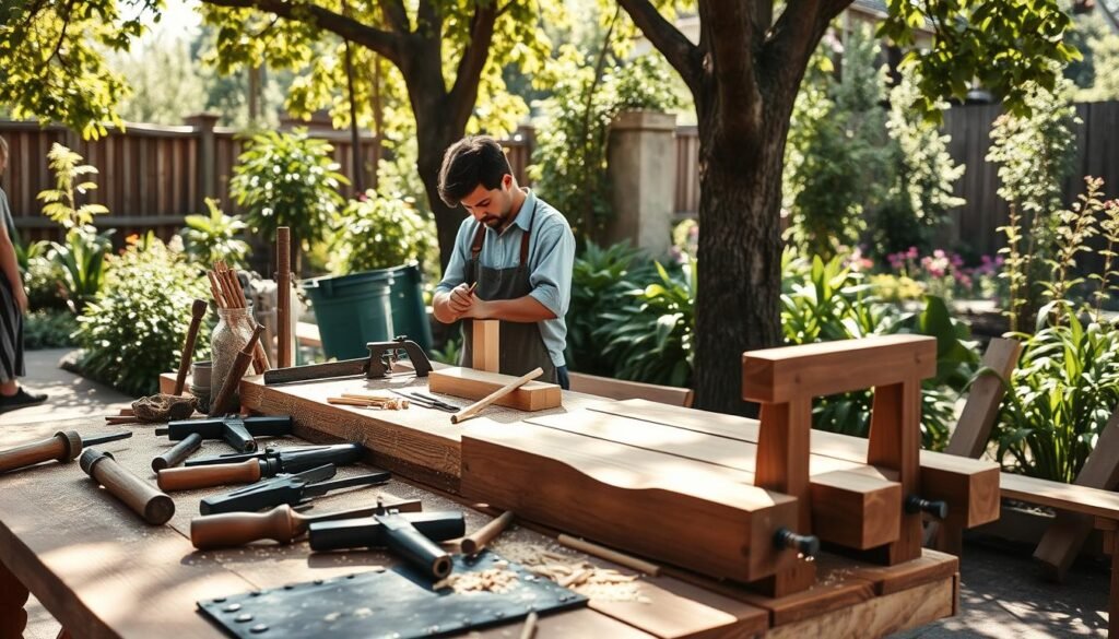 A serene outdoor woodworking scene showcasing a person focused on crafting a simple wooden bench. In the foreground, a sturdy workbench laden with hand tools—chisels, a hand saw, wood clamps, and sawdust scattered around. The middle ground features the person, dressed in modest casual clothing, skillfully shaping a piece of wood with a chisel, displaying concentration and calmness. Sunlight filters through the tree canopy, casting gentle shadows and a warm glow on the scene. The background reveals a lush garden with thriving plants and flowers, creating a peaceful and therapeutic atmosphere. The composition captures the joy of working with wood in a natural setting, emphasizing relaxation and creativity, with a soft focus effect to enhance the mood.