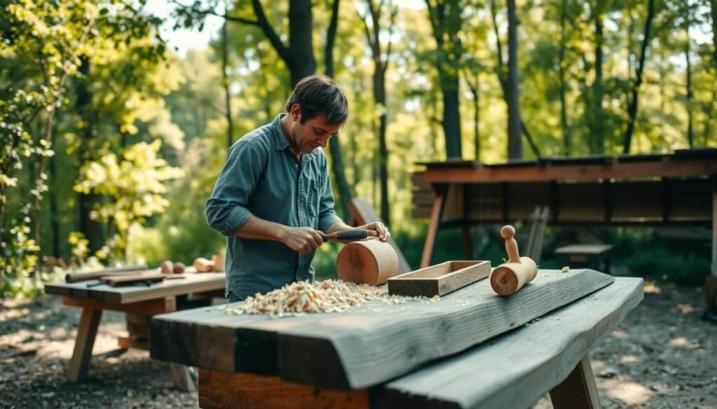 A serene outdoor woodworking scene showcasing the therapeutic power of working with wood. In the foreground, a focused individual in modest casual clothing skillfully carves a wooden piece with a chisel, surrounded by shavings. The middle ground features a rustic workbench made of reclaimed wood, with hand tools and partially crafted wooden items scattered around. The background reveals a lush green forest, dappled with soft sunlight filtering through the leaves, creating a warm, inviting atmosphere. The image is captured with a shallow depth of field, drawing attention to the subject while softly blurring the vibrant nature beyond. The mood is peaceful and calming, ideal for illustrating a restorative, nature-infused woodworking experience.
