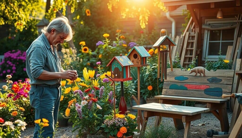 A serene outdoor workshop scene, showcasing a sun-drenched garden filled with vibrant flowers. In the foreground, a skilled artisan, dressed in modest casual clothing, is carefully crafting whimsical sculptures from colorful scrap wood. The middle ground features various finished garden art pieces, including a birdhouse with intricate designs, a wooden wind chime, and a rustic bench adorned with painted patterns, all set among lush greenery. In the background, wooden tools and sawdust hint at the creativity in progress. The soft golden hour light casts gentle shadows, enhancing the warm atmosphere of creativity and tranquility, with a shallow depth of field that emphasizes the art while softly blurring the background.