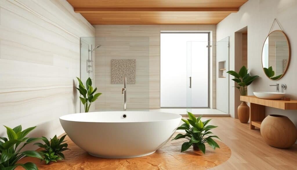 A serene spa-inspired bathroom design featuring a minimalist layout with natural wood accents. In the foreground, a sleek freestanding bathtub sits atop warm, textured stone tiles, surrounded by lush green plants for a refreshing touch. The middle space showcases a spacious walk-in shower with glass doors, adorned with soft, neutral-toned tiles and a mosaic accent wall. The background includes a large window allowing soft, diffused natural light to illuminate the room, enhancing the tranquil atmosphere. Soft white and beige hues dominate the color palette, promoting a calm and refreshed ambiance. The image captures a wide-angle view to encompass the entire sanctuary, highlighting the harmony between modern style and nature, all in a professional, aesthetic presentation with no people present.