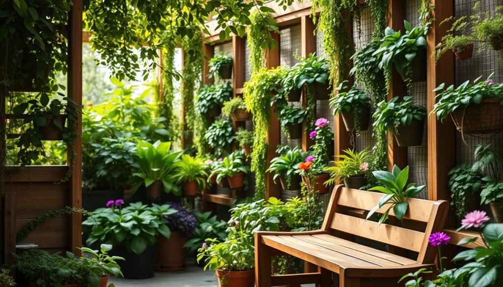 A serene vertical garden filled with lush greenery, showcasing a variety of vibrant plants cascading down wooden frames. In the foreground, a well-crafted wooden bench invites contemplation, surrounded by potted herbs and colorful flowers. The middle ground features intricate vertical planters, showcasing a balanced mix of foliage textures and colors, creating a harmonious composition. In the background, soft dappled sunlight filters through leaves, casting gentle shadows that enhance the tranquil atmosphere. The image captures a wide-angle view to emphasize depth and detail, with a slightly blurred backdrop for a focused feel. The overall mood is peaceful and rejuvenating, ideal for inspiring weekend gardening projects in a fresh air setting.