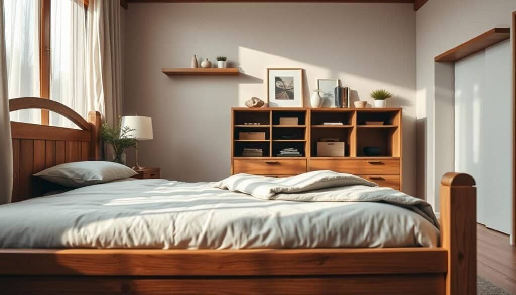 A serene wooden bedroom scene emphasizing tranquility and organization. The foreground features a beautifully crafted wooden bed frame with a plush, neutral-toned bedding set. Beside the bed, there is a rustic wooden nightstand holding a small potted plant and an elegant lamp. In the middle ground, a sleek wooden dresser showcases organized compartments with carefully arranged accessories. Soft natural light filters through sheer curtains, gently illuminating the space and casting warm shadows. The background includes a wall adorned with wooden shelves showcasing minimalist decor, creating a calming atmosphere. The overall composition should evoke a sense of comfort and serenity, inviting viewers to envision a tranquil retreat. Shot taken at eye level with a warm color palette to enhance the cozy ambiance.