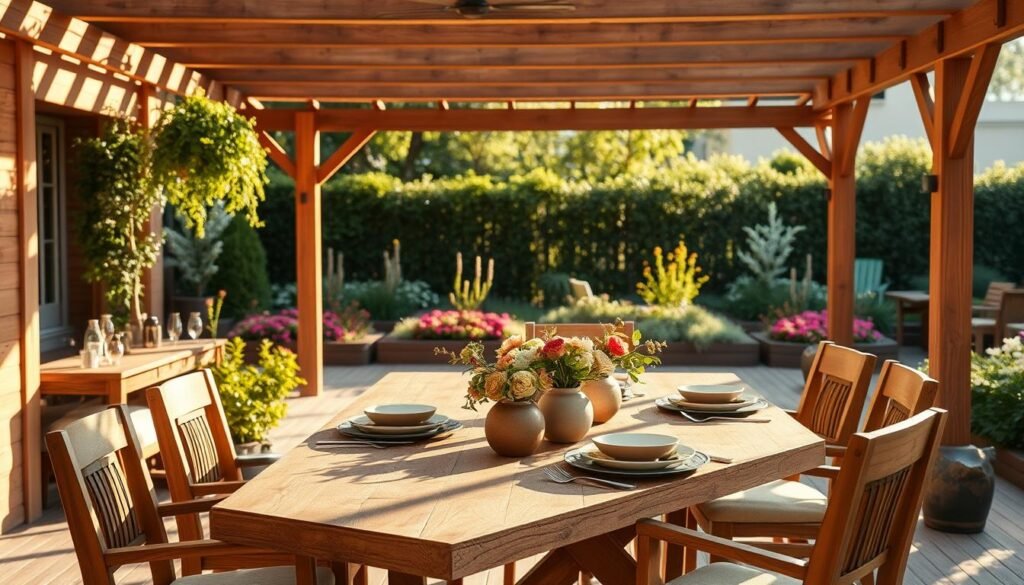 A serene wooden outdoor dining area bathed in soft, warm sunlight. In the foreground, a rustic wooden table is adorned with elegant, earth-toned tableware and a fresh floral centerpiece featuring seasonal blooms. Surrounding the table are comfortable, stylish chairs crafted from rich timber, inviting guests to sit and enjoy a meal. In the middle ground, lush greenery and vibrant flower beds provide a natural backdrop, enhancing the feeling of tranquility and inviting the spirit of outdoor gatherings. The background features a gentle, wooden pergola that frames the scene, casting intricate shadows as the sunlight filters through. The angle is slightly elevated, capturing both the dining area and the surrounding landscape, creating a warm, inviting mood perfect for entertaining friends and family. Realistic home décor and woodworking photos. No overlays, logos, watermarks, or promotional text.