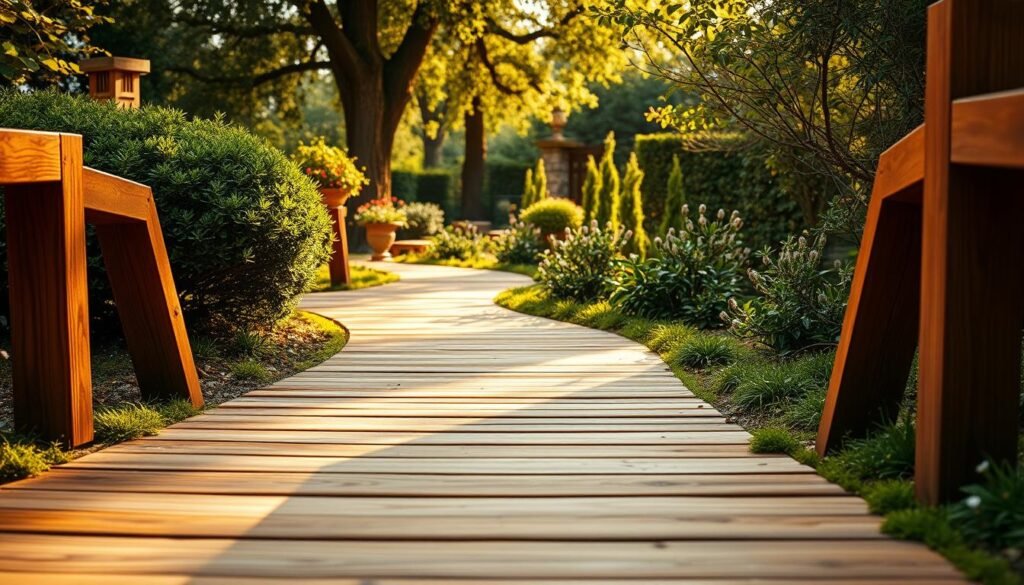 A serene wooden pathway meandering through a beautifully landscaped garden, showcasing rich, textured planks crafted from warm, polished hardwood. In the foreground, gently weathered wooden supports provide stability to the path, adorned with soft moss and small wildflowers. The middle ground features lush green shrubs and ornamental plants, gracefully arching over the path, creating a cozy, inviting feel. In the background, tall trees bask in dappled sunlight, casting soft shadows that enhance the peaceful atmosphere. The lighting is warm and golden, reminiscent of a late afternoon sun, with a shallow depth of field to softly blur the background while keeping the wooden pathway in sharp focus. The overall mood is tranquil and welcoming, perfect for inspiring a connection between garden spaces.