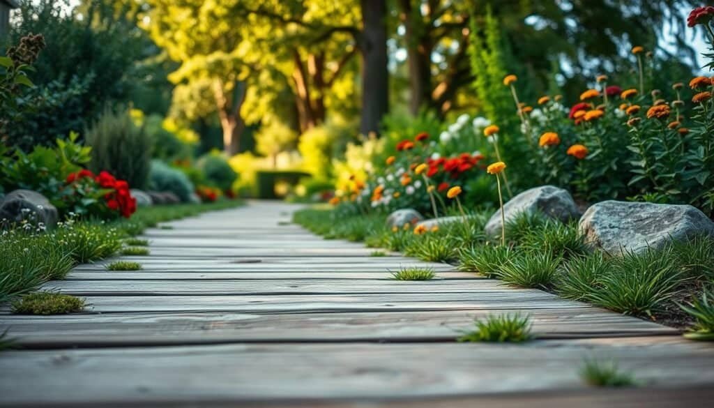 A serene wooden pathway meanders through a vibrant garden, lined with lush greenery, colorful flowering plants, and ornamental stones. In the foreground, detailed wooden planks showcase rich grain patterns, surrounded by soft grass and small wildflowers. The middle ground features diverse plant life, with shrubs and blooming annuals on either side of the path, creating a sense of depth. In the background, a gentle blur of tall trees reaches towards the sky, with dappled sunlight filtering through leaves, casting a warm golden glow on the pathway. The scene conveys a tranquil and inviting atmosphere, ideal for garden exploration. The image should be captured from a low angle, emphasizing the path's inviting nature, with a soft, focused depth of field to enhance the tranquility.