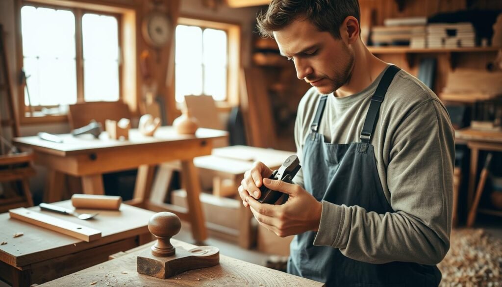 A serene woodworking scene capturing mindfulness in action. In the foreground, a skilled artisan in modest casual clothing is focused on shaping a simple wooden piece with a hand plane, their expression calm and meditative. The craftsmanship shows intricate wood grain details. In the middle ground, a well-lit workbench is strewn with tools like chisels and sandpaper, surrounded by a few completed wooden items, enhancing a sense of creativity and flow. The background features a cozy workshop filled with warm, natural light filtering in through a window, highlighting the wood shavings on the floor. The atmosphere is tranquil, evoking a sense of peace and concentration, ideal for promoting mindfulness through woodworking.