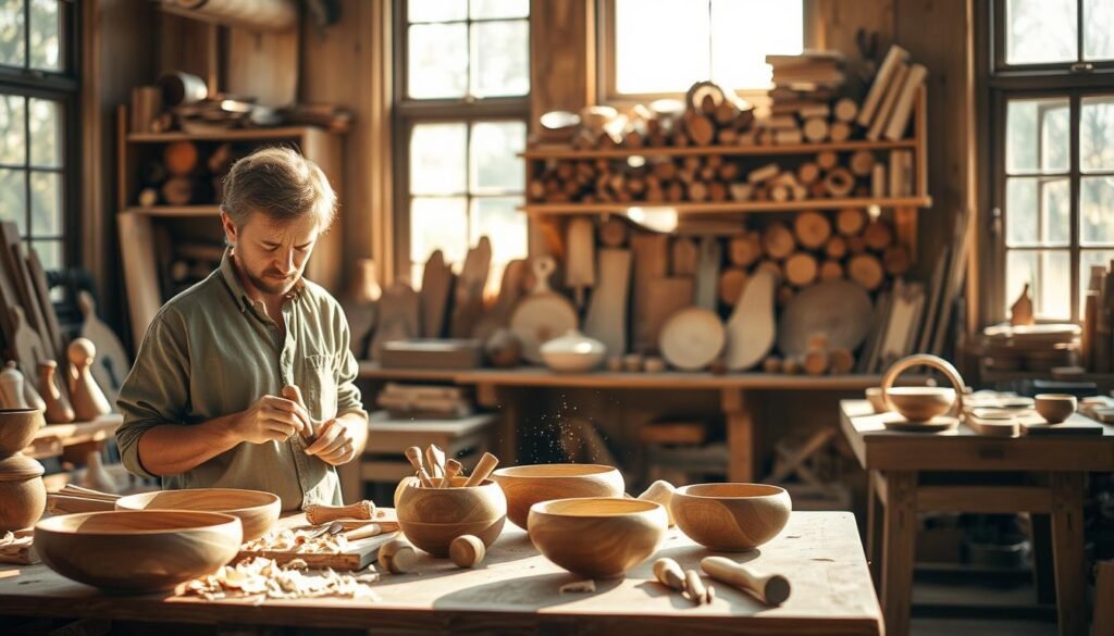 A serene woodworking workshop filled with natural light streaming through large windows, illuminating finely crafted wooden pieces. In the foreground, a skilled artisan, dressed in modest casual clothing, focuses intently on carving a simple yet elegant wooden creation, surrounded by tools and shavings. The middle ground features an array of beautifully finished items like bowls, small furniture pieces, and a workbench full of hand tools, showcasing the woodworking process. In the background, shelves filled with wood types create a cozy, inviting atmosphere. The mood is calm and meditative, evoking a sense of creativity and mental clarity. Soft, warm lighting enhances the wood's textures, emphasizing the therapeutic nature of woodworking, as dust motes dance gently in the sunlight.