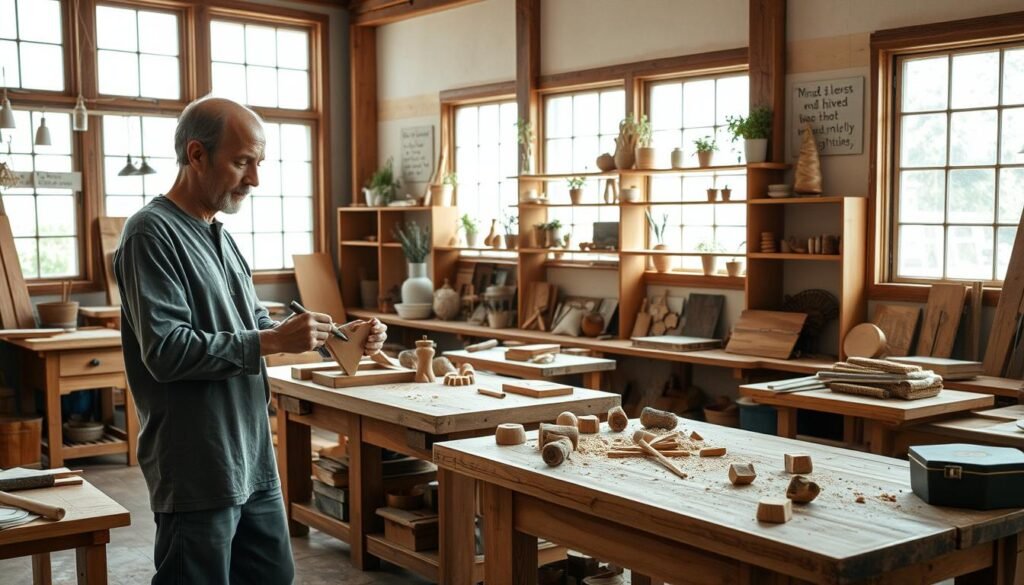 A serene woodworking workshop filled with natural light streaming through large windows, illuminating the space. In the foreground, a craftsman in modest casual clothing is carefully shaping a simple wooden piece using traditional hand tools, radiating focus and tranquility. The middle ground showcases a wooden workbench scattered with tools, sawdust, and small timber pieces, conveying a sense of active creativity. The background features wooden shelves filled with finished crafts, plants, and inspirational quotes about mindfulness. The atmosphere is warm and inviting, evoking a sense of calm and purpose. Soft, diffused lighting highlights the textures of the wood, enhancing the overall peaceful mood of this creative space.