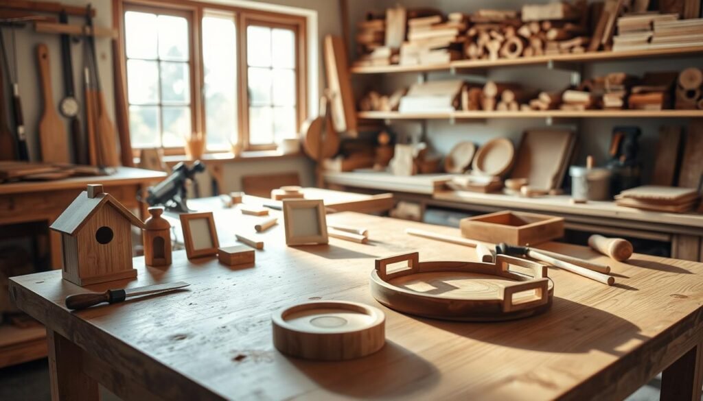 A serene woodworking workshop filled with simple project ideas. In the foreground, a wooden workbench showcases small, handcrafted items like a birdhouse, a picture frame, and a decorative wooden tray, meticulously arranged. Soft natural lighting filters through a nearby window, casting gentle shadows. In the middle ground, tools like a saw, chisel, and sandpaper are neatly organized, emphasizing a beginner-friendly atmosphere. In the background, shelves lined with various types of wood and finished projects suggest a cozy, inviting space. The overall mood is calm and inviting, perfect for inspiring peaceful distraction and creativity. The scene captures a sense of craftsmanship and tranquility that encourages viewers to explore woodworking.