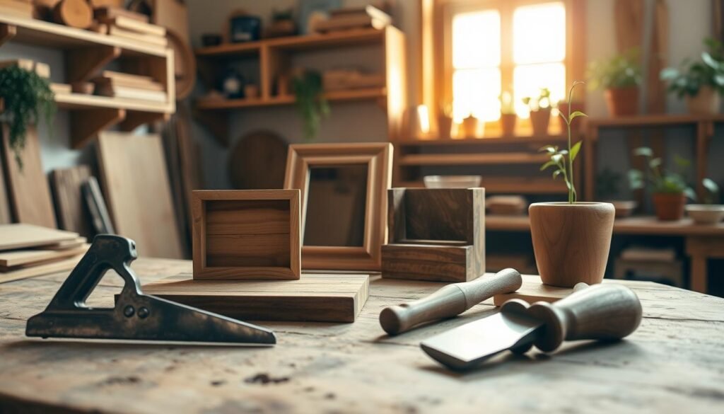 A serene woodworking workshop scene, featuring a selection of simple DIY wood accent projects such as a small wooden shelf, a rustic picture frame, and a handcrafted wooden planter. In the foreground, tools like a hand saw and a chisel are neatly arranged on a well-used workbench, illuminated by warm, natural light streaming through a window. The middle ground showcases the beautifully crafted wooden items, focusing on their smooth finishes and unique grain patterns. The background includes shelves lined with various woodworking supplies and a few green plants, enhancing the cozy atmosphere. The overall mood is inviting and inspiring, encouraging viewers to feel proud and motivated to create. Capture the image with a soft focus, enhancing the warm tones and textures, and ensure a high-resolution, realistic look.