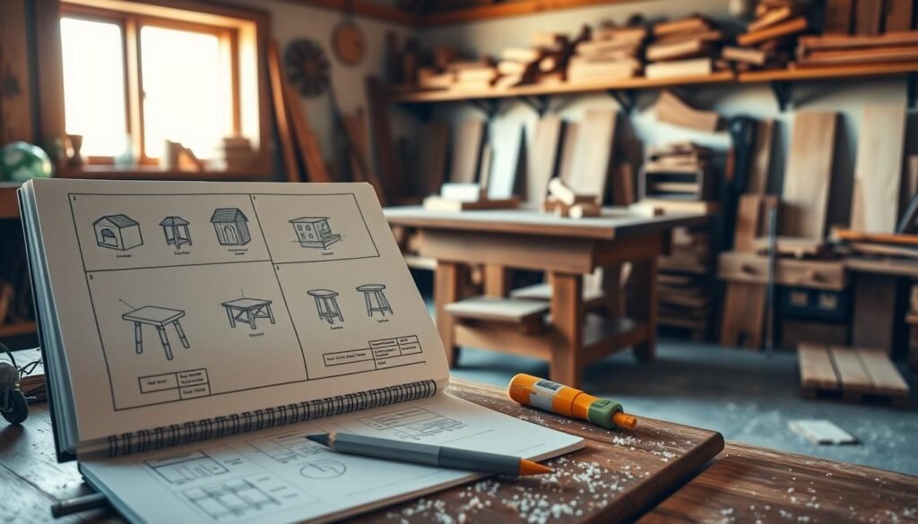 A serene woodworking workspace filled with detailed project plans for simple wooden items. In the foreground, an open sketchbook displaying blueprints of seven projects such as a birdhouse, a small stool, and a simple shelf. Tools like a tape measure, wood glue, and a pencil are neatly organized beside it. The middle ground features a well-worn wooden workbench, partially completed wooden pieces, and sawdust scattered around, showcasing a creative but tidy environment. The background includes warm, natural light streaming through a large window, illuminating the space with a calming glow, while shelves lined with wood planks and finished projects enhance the woodworking atmosphere. The mood is inspiring and tranquil, reflecting the joy and simplicity of creating with wood.