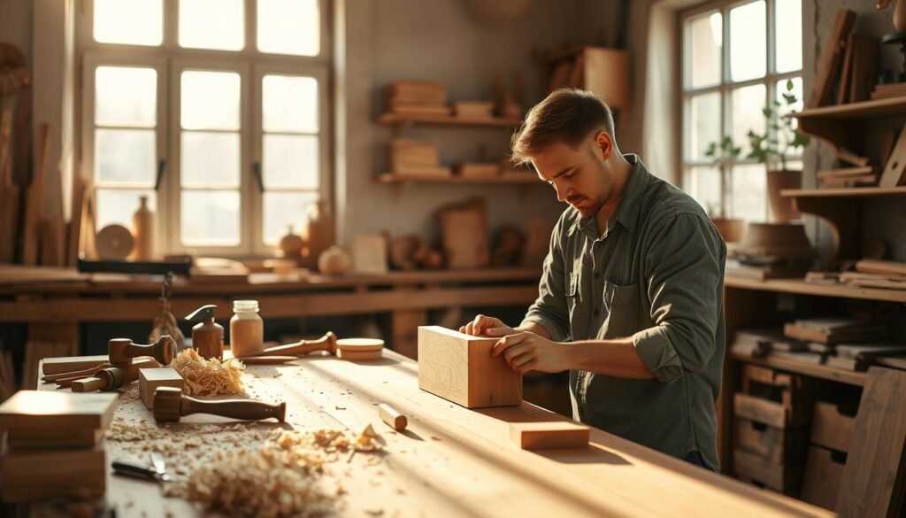 A serene woodworking workspace filled with tools and supplies, bathed in warm, natural light streaming through a large window. In the foreground, a skilled artisan, dressed in modest casual clothing, is focused on crafting a simple, elegant wooden piece, carefully chiseling away at the smooth grain. The middle layer features a well-organized workbench adorned with wood shavings, tools like chisels and sandpaper, and random wood pieces awaiting transformation. In the background, shelves lined with finished wooden creations and a plant for a touch of greenery evoke a peaceful atmosphere. Soft shadows and a warm color palette create a calming mood, reflecting the therapeutic benefits of woodworking for mental clarity and relaxation.
