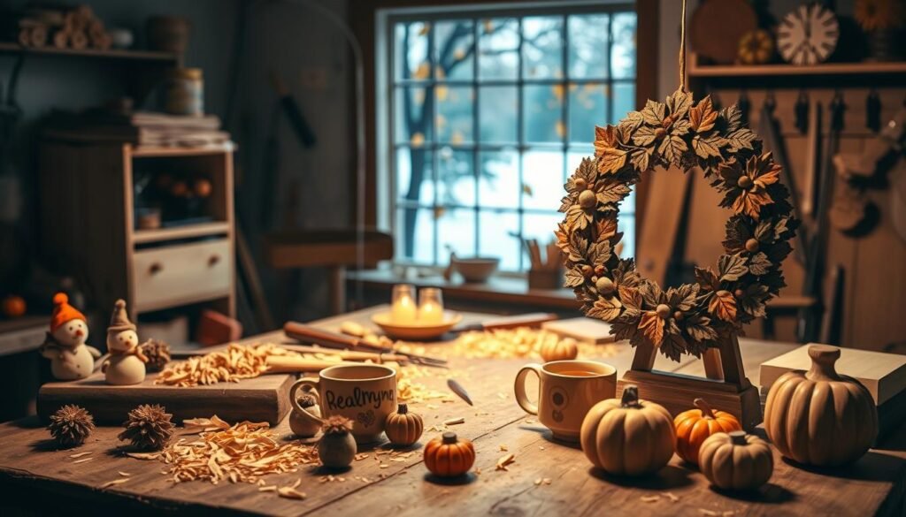 A serene workshop setting showcasing seasonal wood crafts, with a warm, inviting atmosphere. In the foreground, a beautifully crafted wooden autumn wreath adorned with acorns and leaves, surrounded by small handmade figurines of snowmen and pumpkins, reflecting the changing seasons. The middle ground features a rustic workbench scattered with tools, wood shavings, and a cozy cup of tea, inviting a sense of creativity. In the background, a softly lit window reveals a picturesque landscape of falling leaves and a hint of snow, emphasizing the seasonal transition. The overall lighting is warm and gentle, casting soft shadows to enhance the texture of the wood. Capture the essence of DIY crafting and the comforting spirit of home décor.