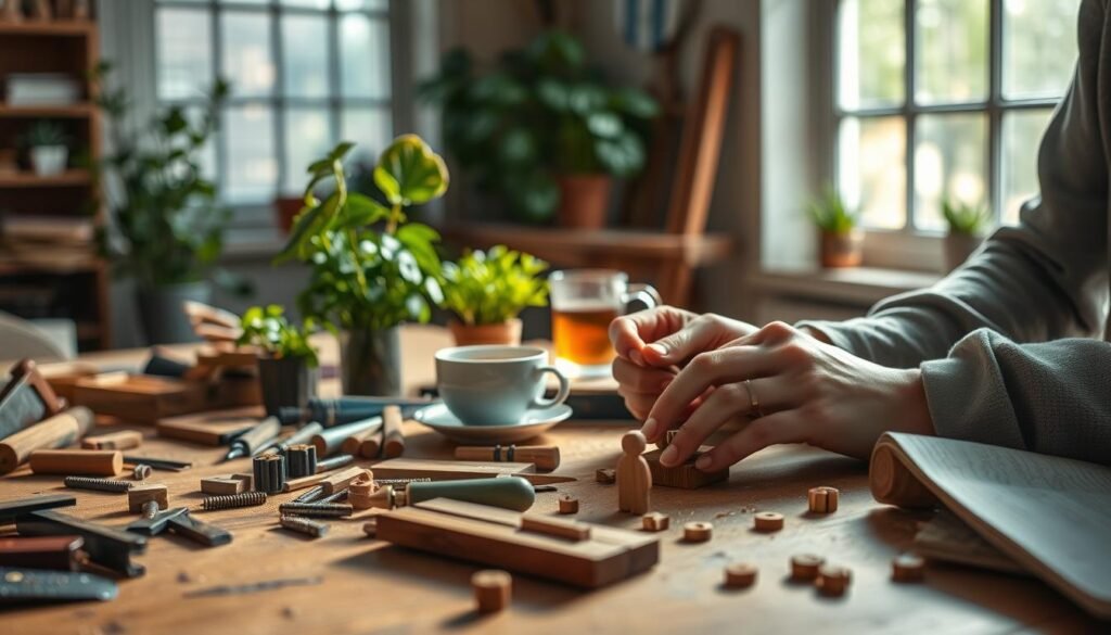 A serene workspace filled with natural light, featuring a wooden table cluttered with tiny DIY wood crafting tools like saws, chisels, and sandpaper. In the foreground, a pair of hands of a person in casual attire carefully sanding a small wooden figure. The mid-ground shows vibrant plants and a cup of tea, creating a cozy atmosphere that signifies relaxation and focus. The background reveals a sunlit window, with soft light casting gentle shadows that enhance the welcoming and calm environment. The image should evoke feelings of tranquility and mindfulness, illustrating the profound connection between crafting and mental wellbeing without any distractions or text overlays.