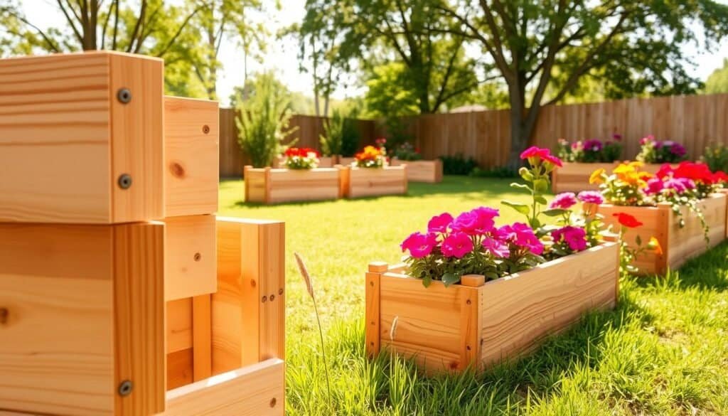 A series of beautifully crafted DIY wooden planter boxes, showcasing various stages of assembly with natural wood grains and textures. In the foreground, a close-up of a partially constructed planter box, revealing details like dovetail joints, wood screws, and a fresh coat of natural stain. In the middle ground, completed planter boxes filled with vibrant blooming flowers, such as petunias and marigolds, set against a backdrop of lush green grass. The background features a sunny, warm atmosphere, with soft sunlight filtering through scattered trees, creating gentle shadows. The image captures a cozy, inviting backyard space, evoking a sense of rejuvenation and connection with nature, ideal for inspiring readers to enhance their outdoor areas. No text or logos are present.