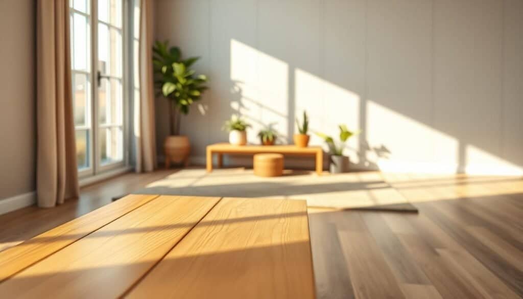 A simple wooden element, featuring a beautifully crafted wooden bench with smooth, natural grain patterns, placed in a serene living room setting. The foreground showcases the bench with a warm, honey-toned finish, softly lit by gentle afternoon sunlight streaming in through a large window. In the middle ground, a cozy area rug and potted plants create a welcoming atmosphere; a textured wall with soft, neutral colors acts as a backdrop that enhances the organic feel of the wood. The lighting highlights the natural warmth of the wood, casting soft shadows that add depth. The overall mood is inviting and calming, illustrating harmony in home décor by incorporating simple, organic elements.