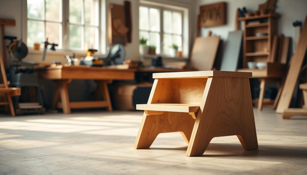 A simple wooden step stool sits prominently in the foreground, handcrafted from light oak, showcasing a smooth finish and natural grain. The stool features two wide, sturdy steps, emphasizing its functional design. In the middle ground, a well-organized workshop is visible with woodworking tools such as saws and sanders neatly arranged on a workbench, adding context to the DIY theme. The background captures a softly lit room with warm, inviting light filtering through a large window, casting gentle shadows that enhance the cozy atmosphere. The overall mood is one of accomplishment and creativity, evoking the satisfaction of a rewarding DIY project. The scene is captured with a slightly elevated angle to emphasize the stool’s functionality and craftsmanship, ensuring clarity and depth without distractions.
